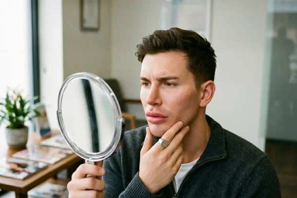 A young man with enhanced lips and a defined jawline scrutinizes his face in a hand mirror