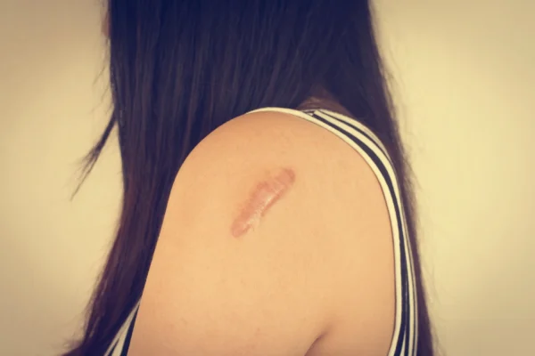 Close-up of raised keloid scar on woman's shoulder that may be treated with plastic surgery removal techniques.