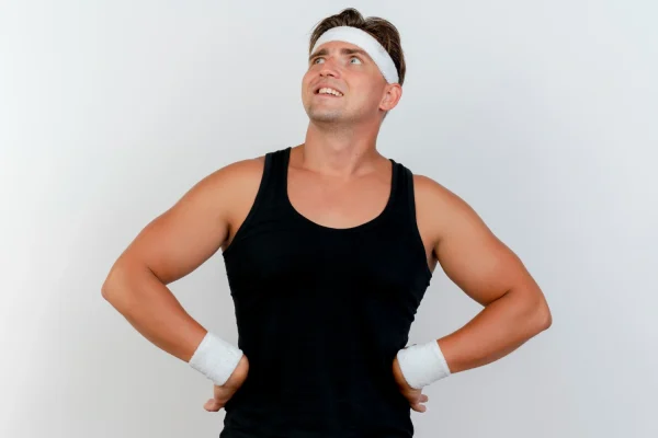 Fit man looking up questioning the importance of wearing a compression garment after chin lipo