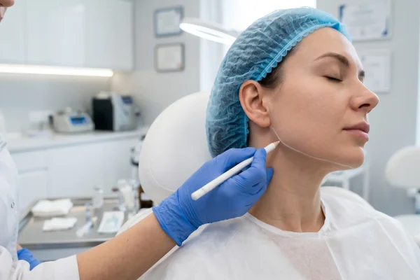Provider marking the jaw before dermal jawline filler placement