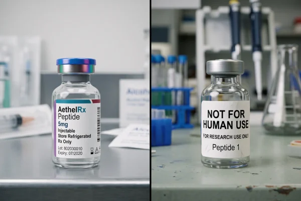 Human-grade pharmacy peptide beside a research-grade not for human use vial.