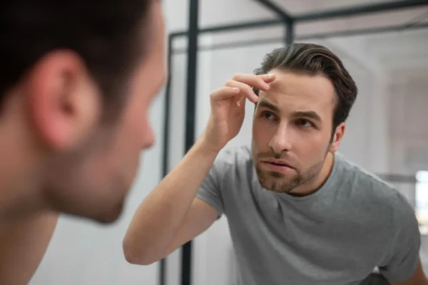 Man examining hairline in mirror considering skincare and haircare products to avoid