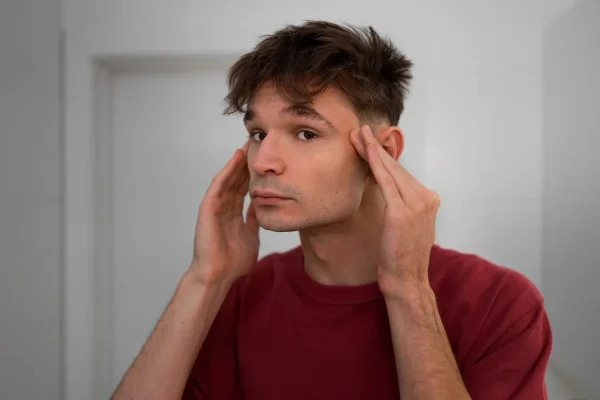 Man examining his facial contours and cheekbones as potential treatment areas for PDO thread lift enhancement