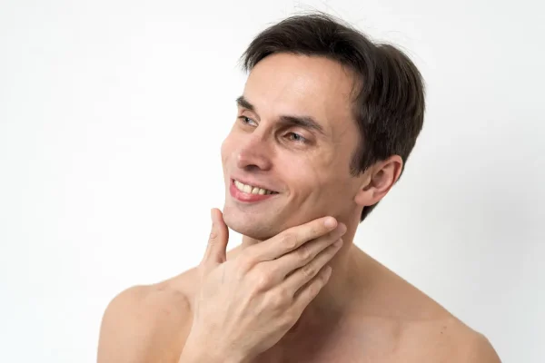 Man touching his chin and jawline showing smooth, contoured skin after FaceTite procedure