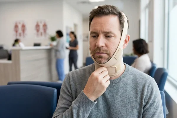 Man wearing chin lipo compression garment in medical clinic waiting room after neck liposuction procedure