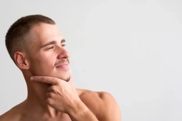 Man with defined jawline and neck profile comparing neck lift and chin liposuction results