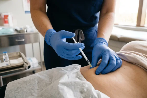 Physician assistant giving a supervised peptide injection at a Tampa clinic.