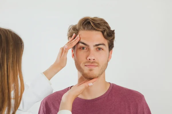 Skincare professional examining a man's forehead and eyebrow area before a Botox or waxing treatment
