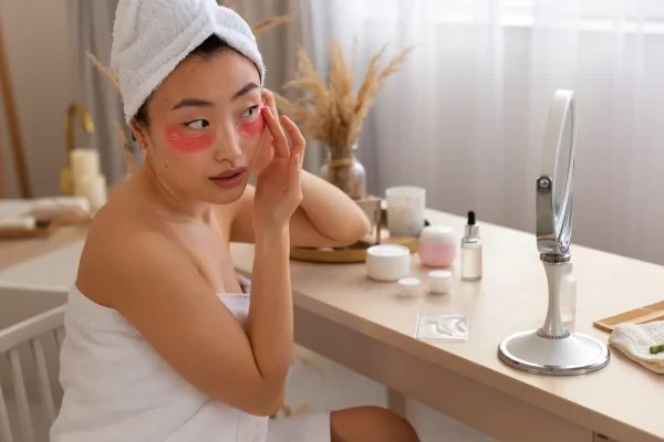 Woman applying under-eye patches as part of skincare routine to support and extend filler results
