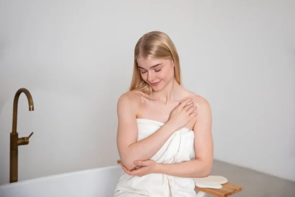 Woman gently massaging her arm after bathing, demonstrating at-home massage therapy as a treatment option for skin dimples following liposuction