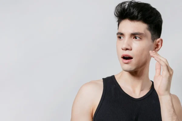 Young man touching his face showing tightened skin and defined jawline benefits of FaceTite