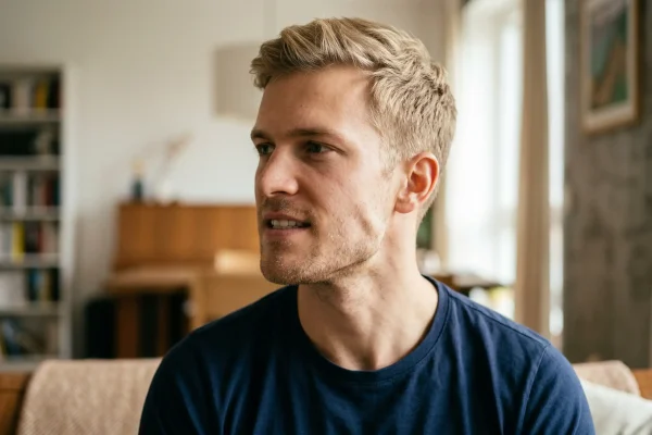 a blonde man with defined jaw