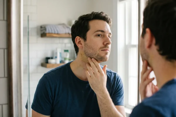 A man inspecting his jawline in a mirror.