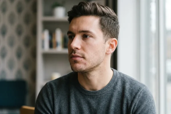 A man tilting his head to reveal a prominent, well-defined jawline