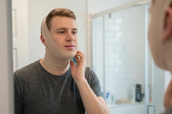 A man wearing a compression garment after neck liposuction.