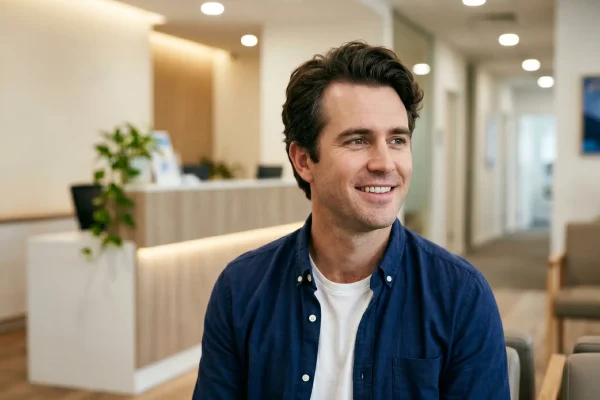 A man with a full, thick head of healthy hair smiling