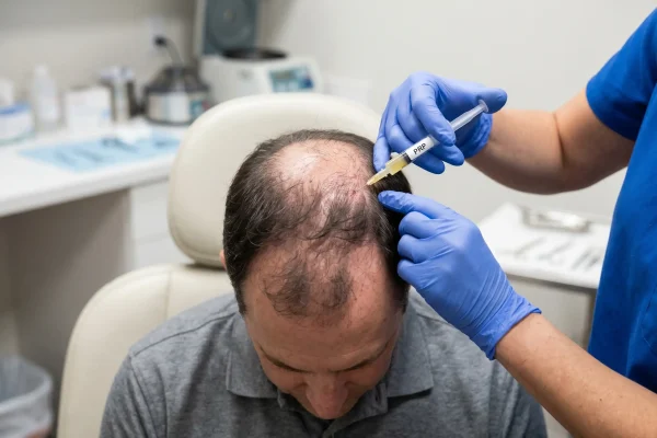 A medical professional performing PRP injections into a man's scalp.