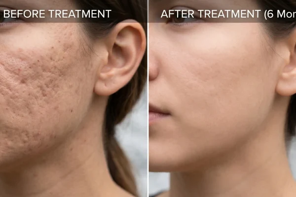 Before and after of acne scars on a cheek treated with a PRP facial