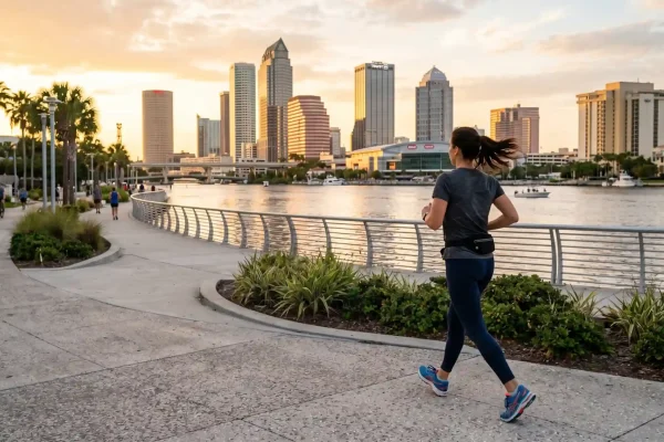 Active person walking outdoors to maintain results after liposuction