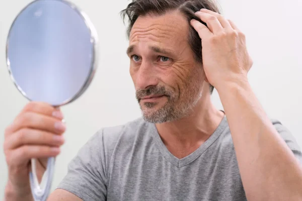 Adult male looking at his hair