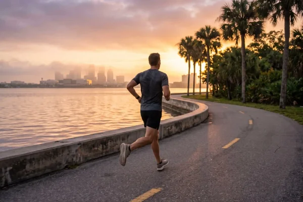 Adult running a Tampa waterfront path, the exercise input that raises BDNF