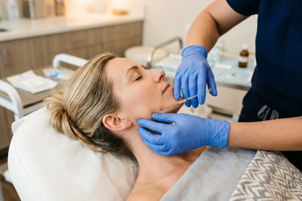 Aesthetic surgeon injecting jawline filler to reduce jowls