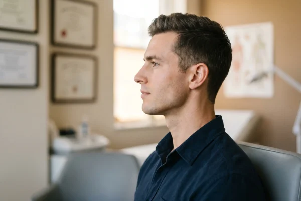 Man with a sculpted jawline and slim neck profile.