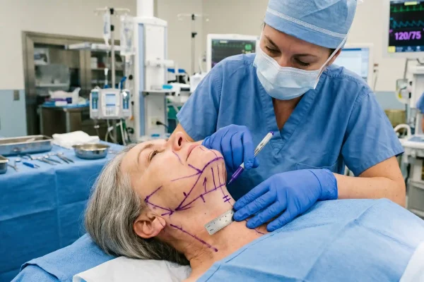 Surgeon mapping facial anatomy before natural-looking plastic surgery