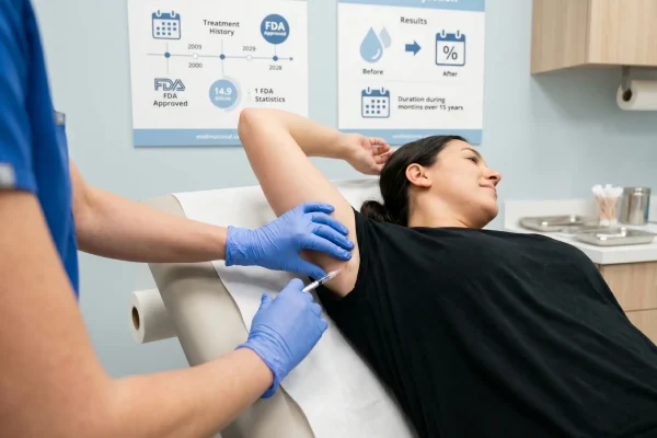 Armpit Botox safety facts infographic: FDA approval, sweat reduction, results duration