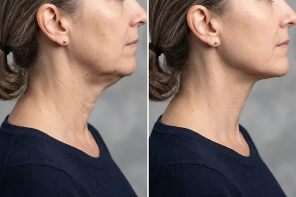 Before and after non-surgical neck tightening for mild laxity