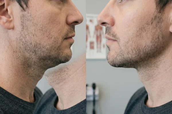 Before and after comparison of a jawline filler touch-up
