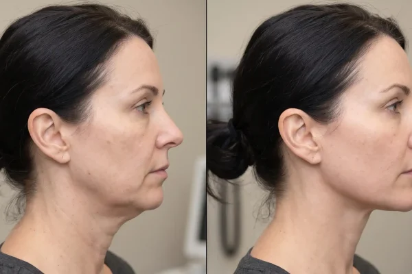 Before and after nonsurgical neck tightening showing a firmer jaw and neck angle