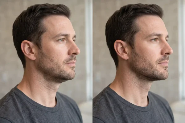 Before and after of subtle, natural jawline definition on a man