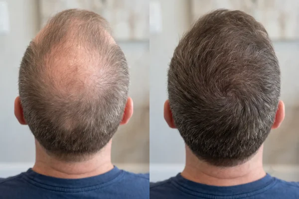 Before and after PRP for hair showing denser scalp coverage at 6 months