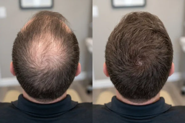 Before and after PRP for thinning hair on a man's crown