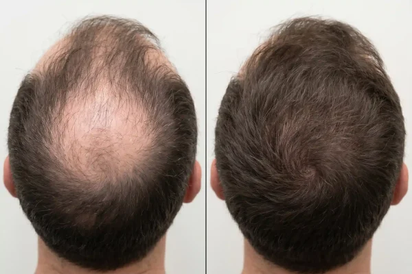 Before and after PRP hair treatment showing improved hair density at crown