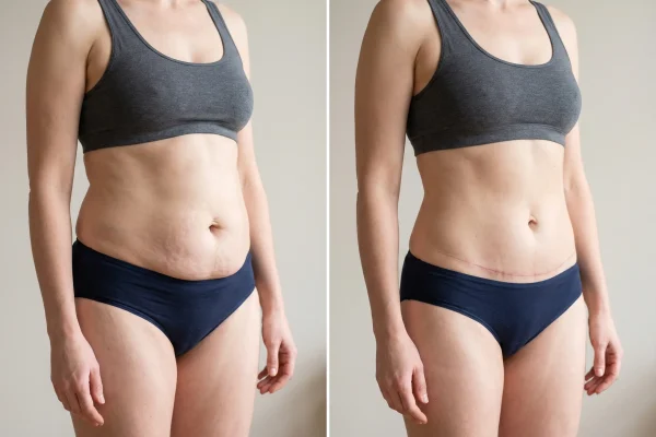 Before and after tummy tuck results on female patient midsection