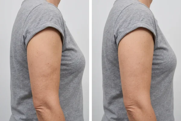 Before and after upper arm comparison showing modest non-surgical skin tightening results