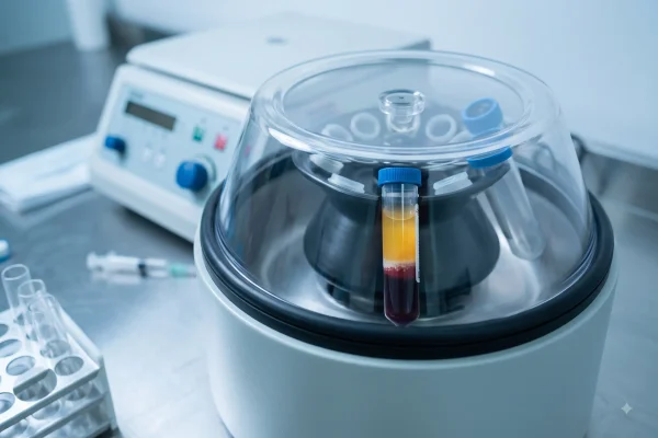 Blood spinning in a centrifuge to prepare PRP for hair