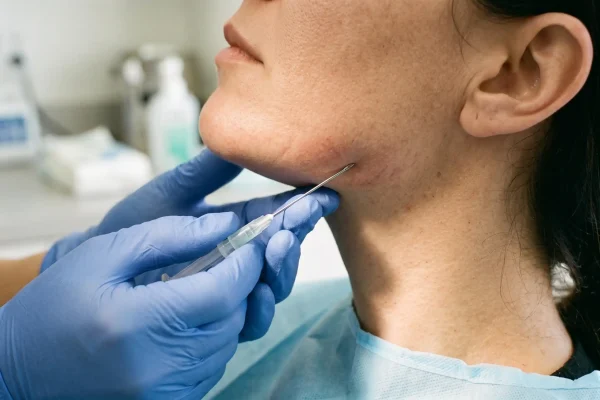 Blunt cannula placed along the jaw for safer jawline filler injection