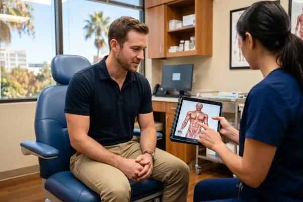 Board-certified surgeon consulting a patient about HD liposuction results
