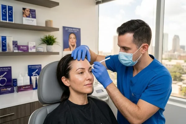Injector mapping brow points before a Botox eyebrow lift for hooded eyes