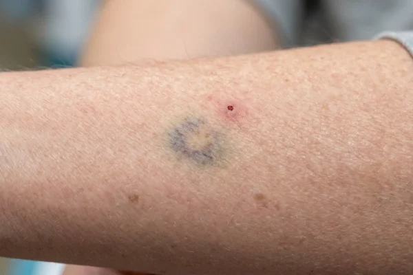 Mild bruising after PRP injection shown as a small mark on the skin
