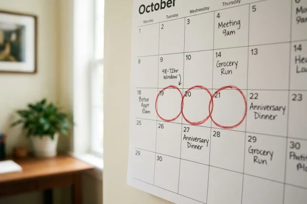 Calendar showing the 48 to 72-hour wait period for retinol after Botox treatment