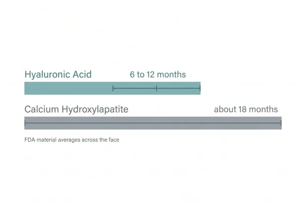 Chart of hyaluronic acid and calcium hydroxylapatite duration ranges for jawline filler