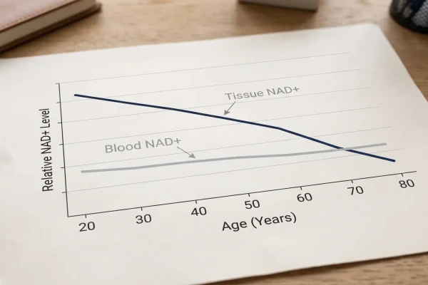 Chart showing NAD+ tissue levels declining with age while blood stays flat