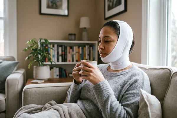 Chin compression garment worn during neck liposuction recovery