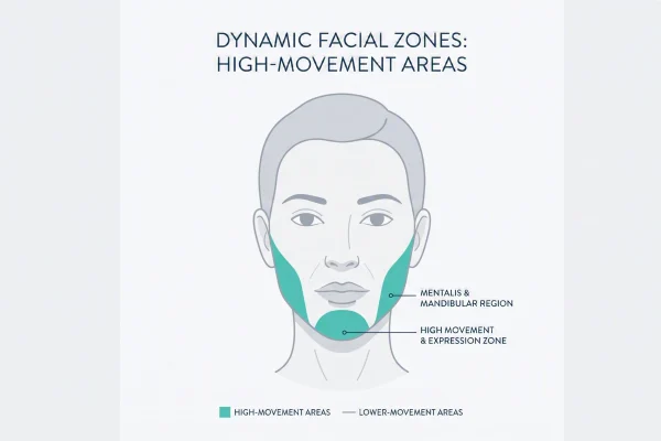 Face diagram showing high-movement chin and jaw zones affecting filler
