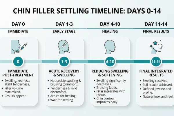 Chin filler aftercare timeline from injection day to two-week settling