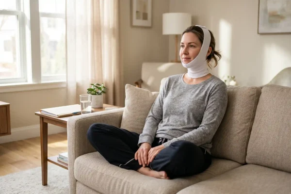 Patient wearing compression garment during chin liposuction recovery
